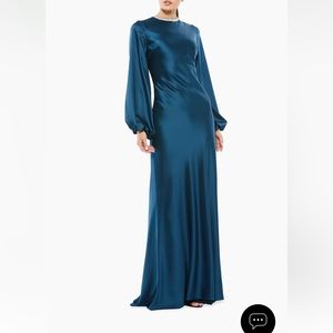 Mac Duggal Ieena Satin Sheath Gown in Navy Blue